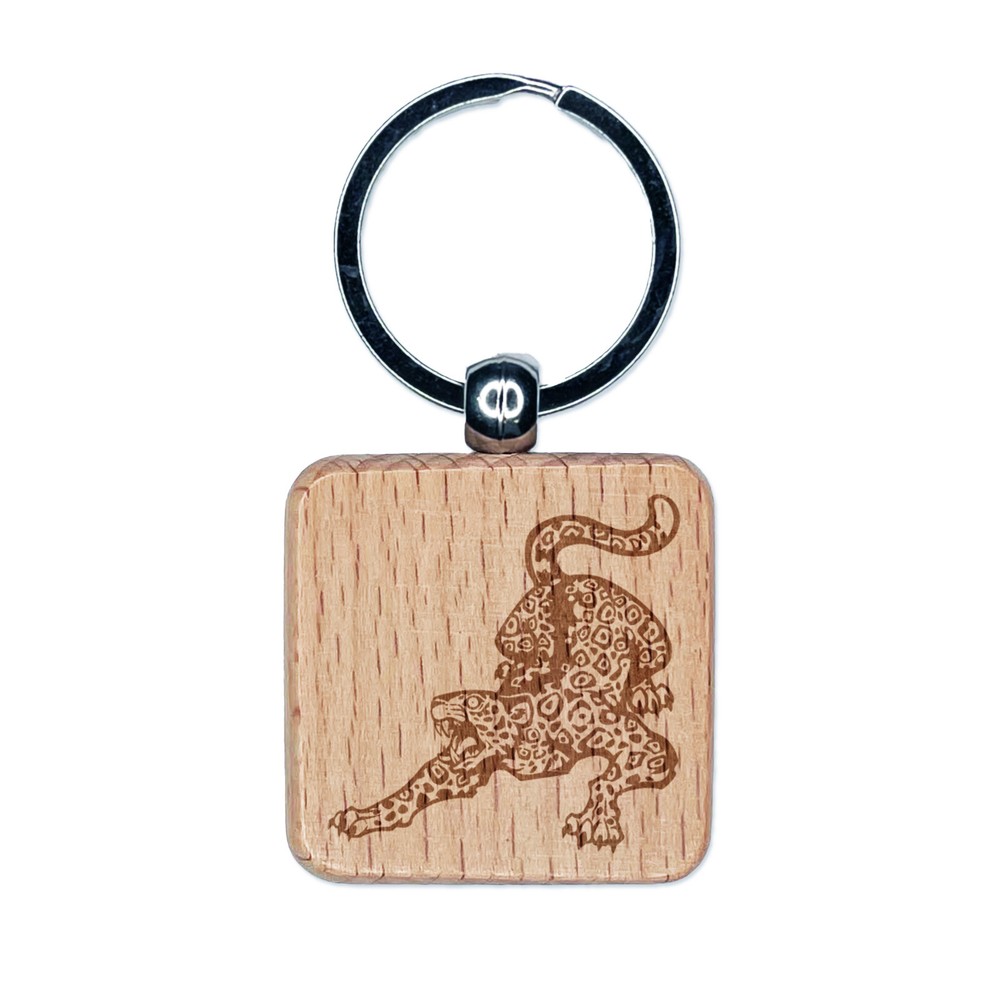 Fierce Jaguar Jungle Cat Engraved Wood Keychain Charm