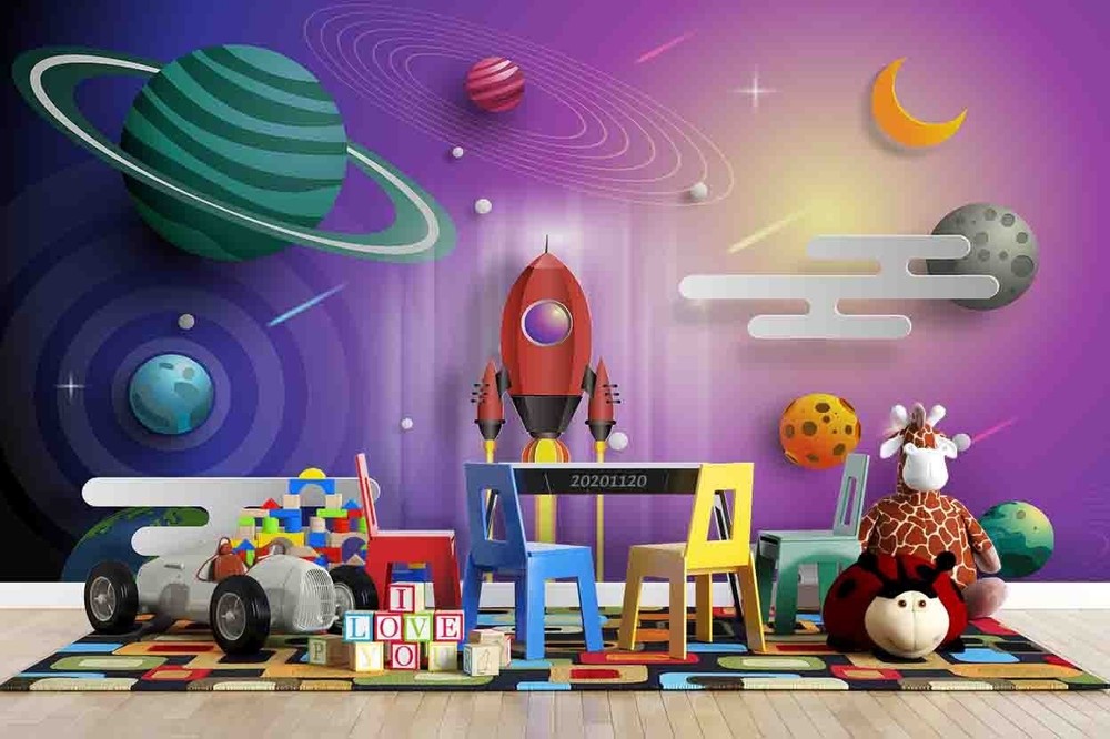 3D Space Rocket Planet Paper-Cut Wall Murals Wallpaper Murals Wall Sticker