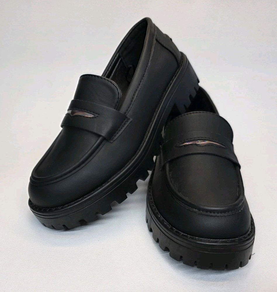 NEW Womens Size 3 Mudd Shoes Chunky Loafers Black Faux Leather Classic