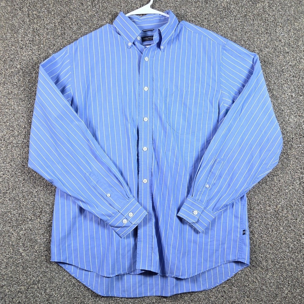 Nautica Button Down Shirt Mens Large Blue Striped Long Sleeve Classic Fit Cotton