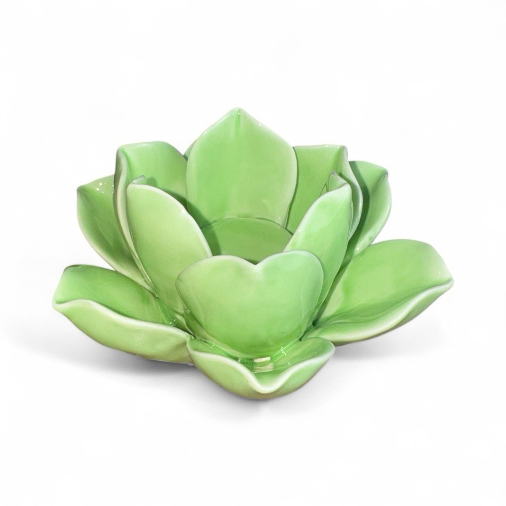 Lime Green Ceramic Lotus Flower Tea Light Candle Holder