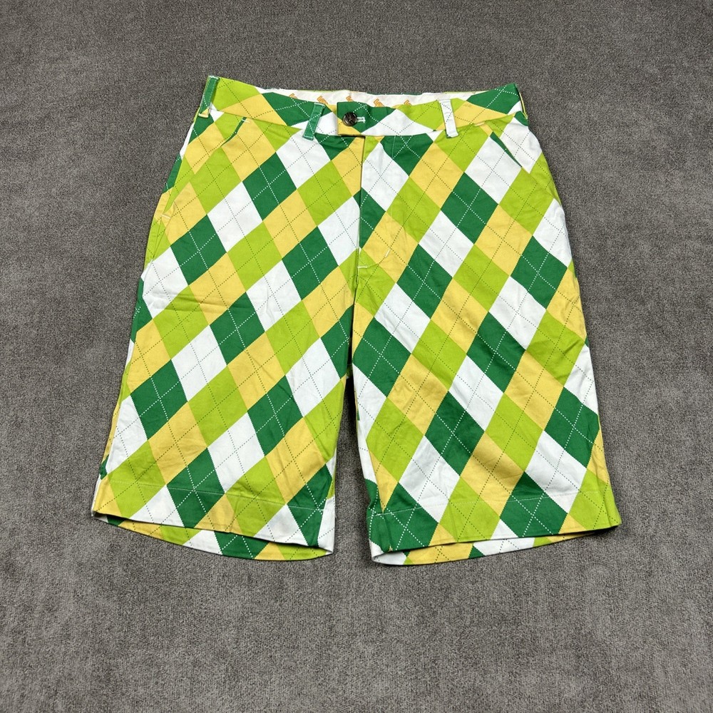 Loudmouth Golf Shorts Mens 32 x 10.5 White Green Argyle Diamond Preppy Stretch