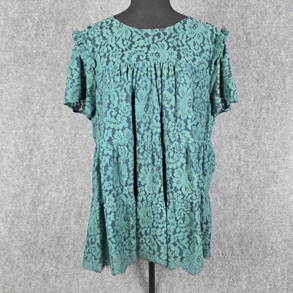 Torrid Plus Size 1X Teal Lace Babydoll Top Ruffle Sleeve Boho Blouse