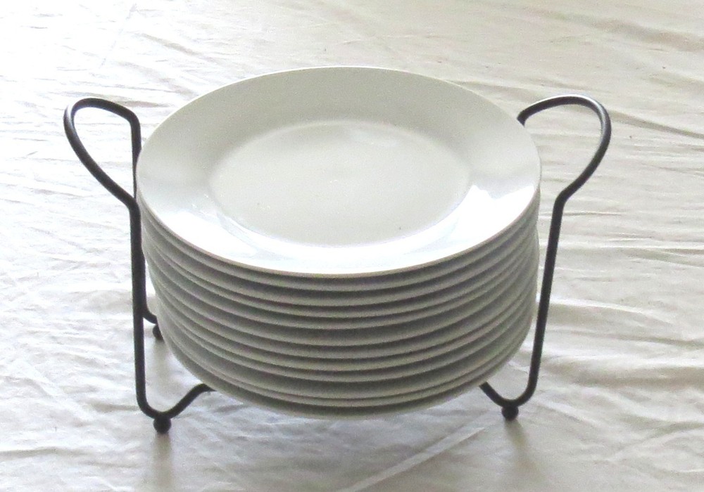 World Market Set of TWELVE 8 inch White Salad Plates in Wire Holder - Excellent