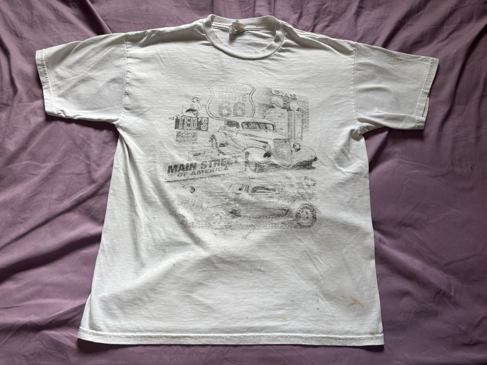 Vintage Car Shirt Mens Large White Faded Graphic Route 66 Teds Main Street 90s