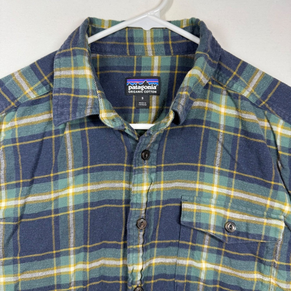 Patagonia Mens Fjord Flannel Shirt Blue Green Plaid Organic Cotton 54020 Small