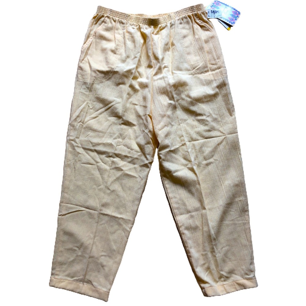 New Vintage Linen Wide Leg Pants Size L Yellow Relaxed Fit Ankle Length Summer