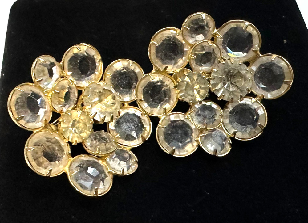 Vtg Costume Clear Rhinestone Floral Gold Tone Clip-on Earrings Jewelry Lot I