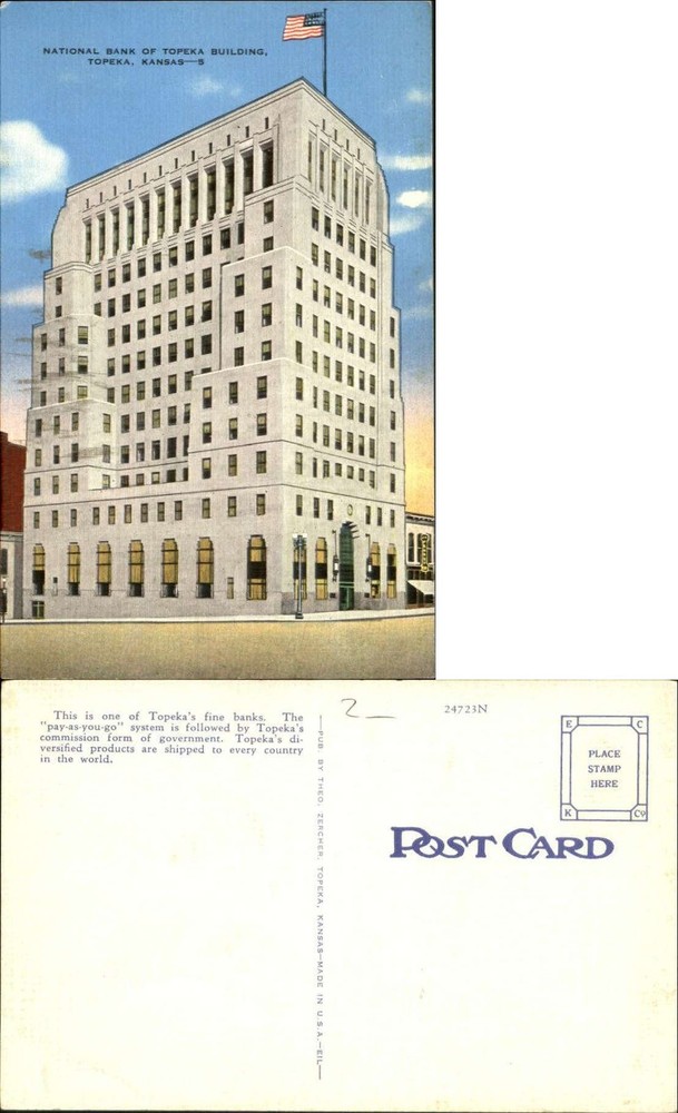National Bank of Topeka Building Kansas flag linen vintage postcard