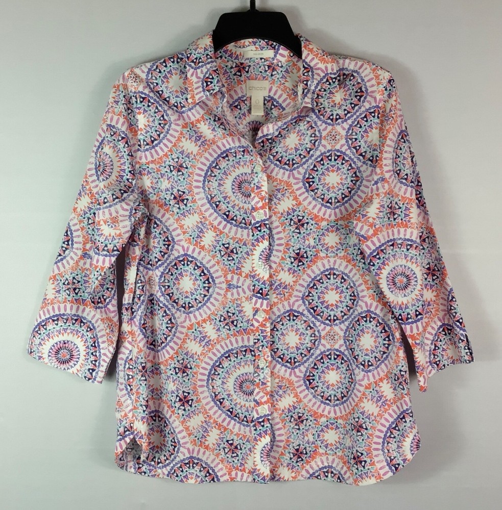 Chico's Shirt Womens Size 0 White Orange No Iron Button Up 3/4 Sleeves Collared