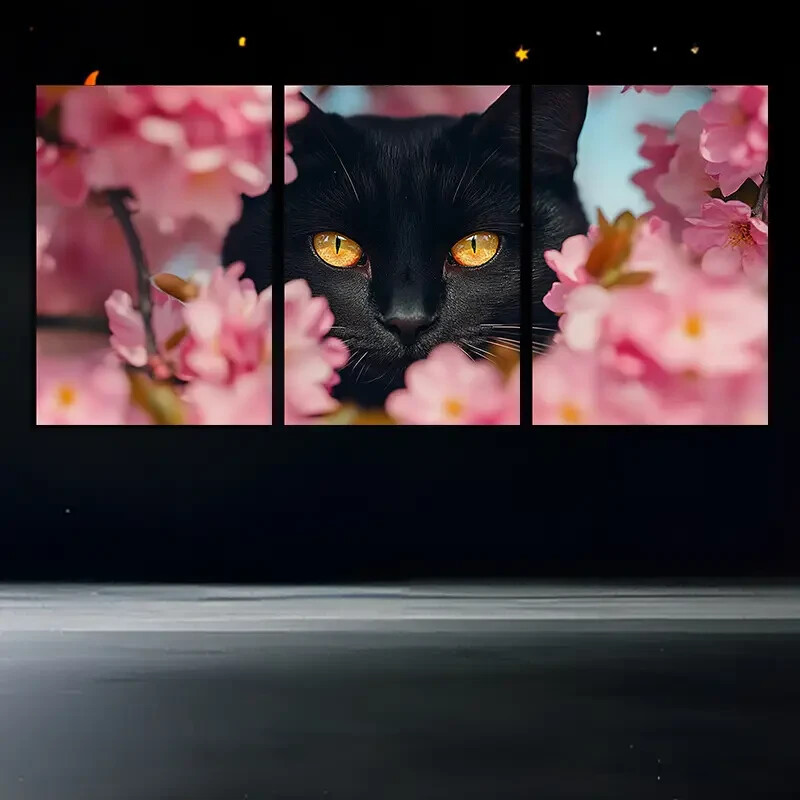 3pcs Black Cat with Amber Eyes Triptych Wall Art  Canvas Unframed/Framed