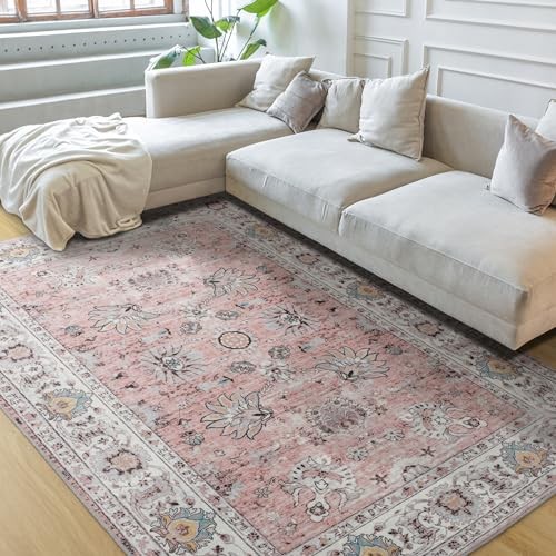 5x7 Washable Area Rug, Large Boho Rugs for Living Room, Pink Rugs for Bedroom