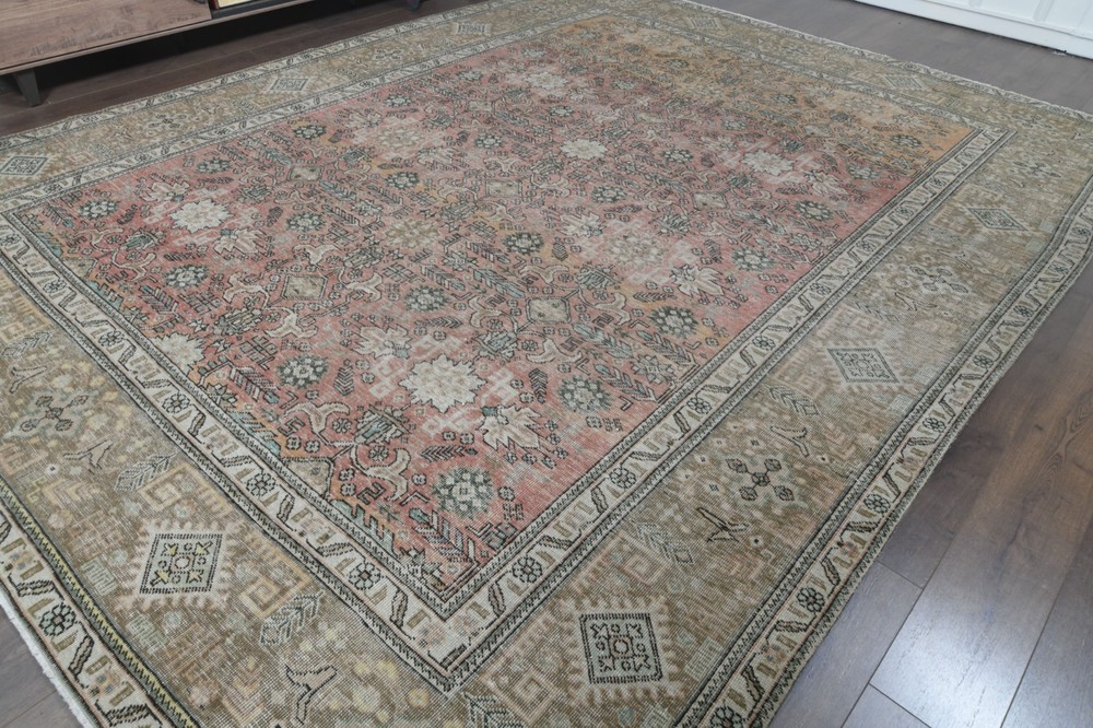 9.7x12.4 ft, OVERSIZED Vintage Turkish Oushak Rug, Faded Red Handmade Wool Rug