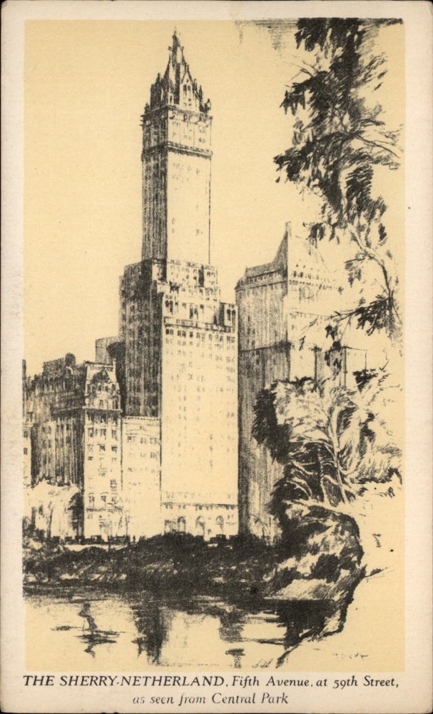 New York New York ~ Sherry Netherland bldg ~ seen from Central Park ~ postcard