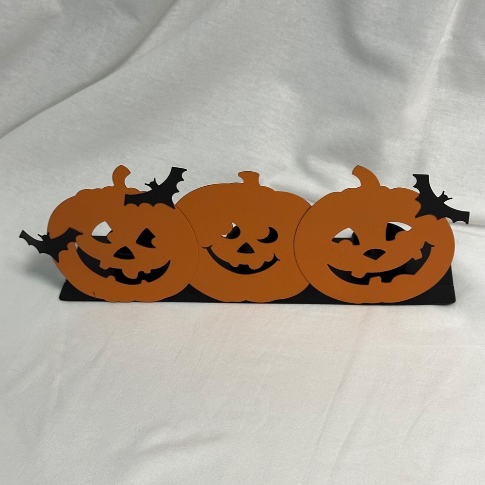 Hallmark Halloween Metal 3 Tea Light Pumpkin Jack O Lantern Candle Holder 11.5