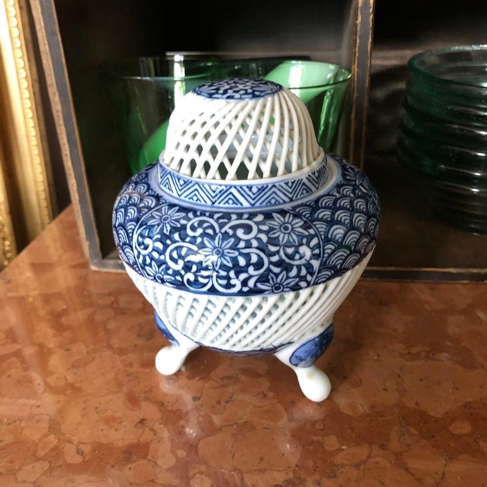 Arita Incense Burner Japanese Vintage Porcelain Censer Braiding Ceramic 5.7 inch
