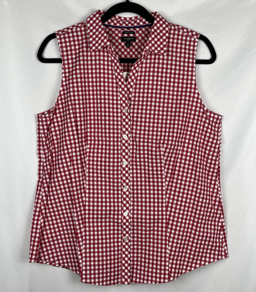 Talbots NWT Red White Gingham Sleeveless Button Down Shirt Wrinkle Resistant 12P