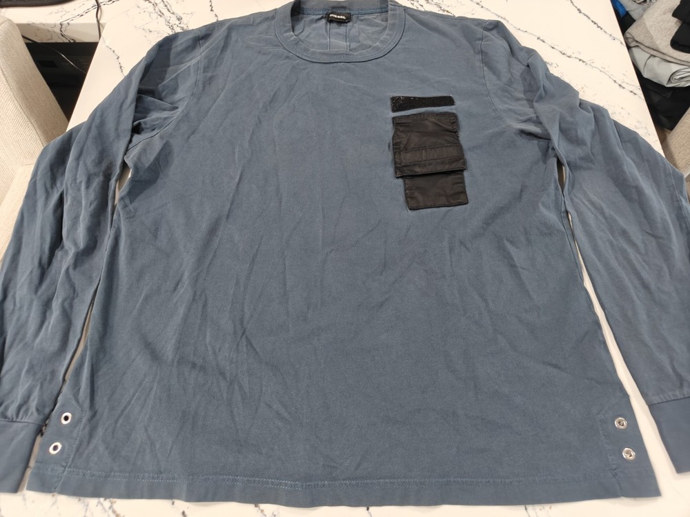 Diesel Mens Pullover Grunge Long Sleeve Pocket Vel.cro T Shirt Blue Sz XL