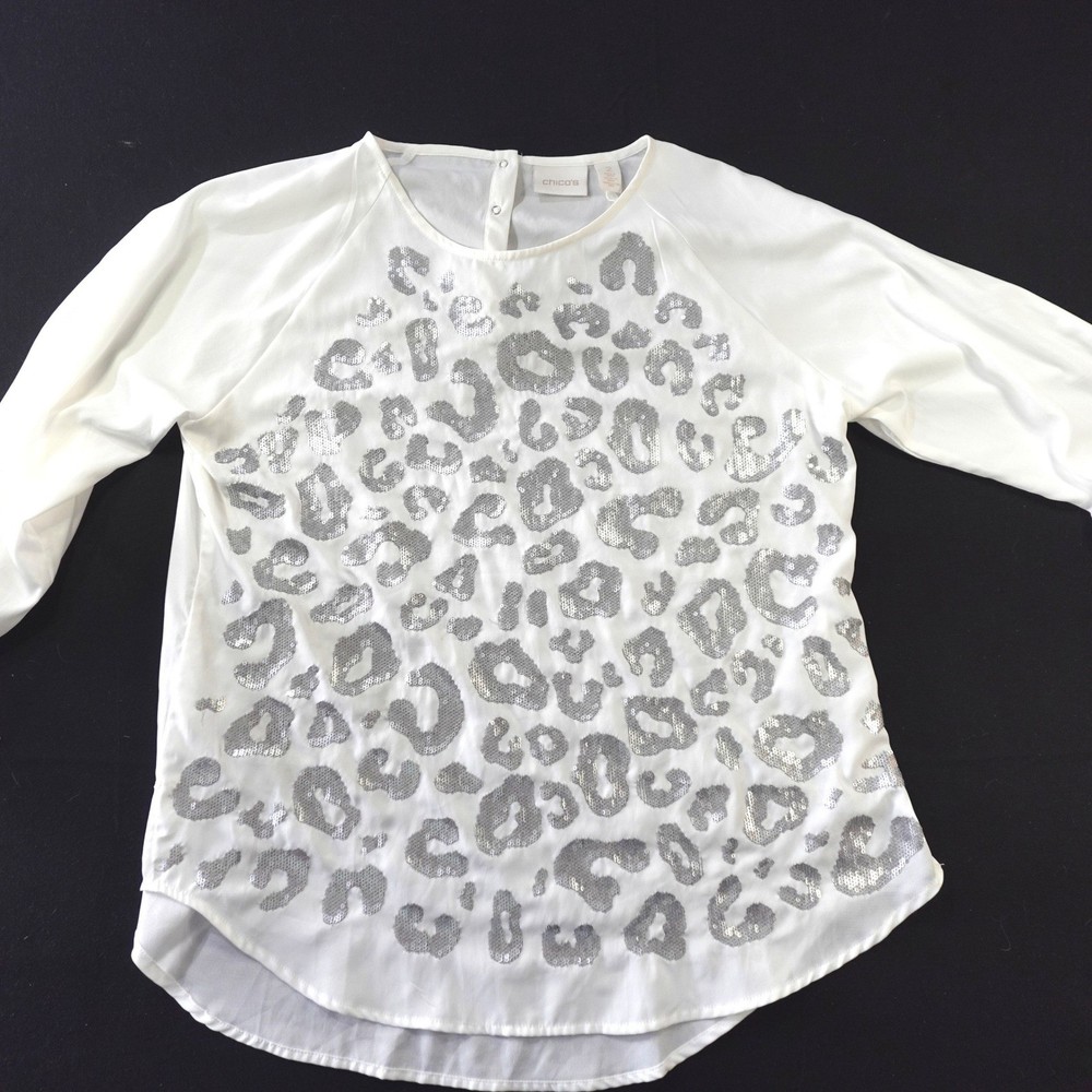 Chico's Sequin Animal Print Blouse White Silver Glam Sparkle Top Size 2 XL