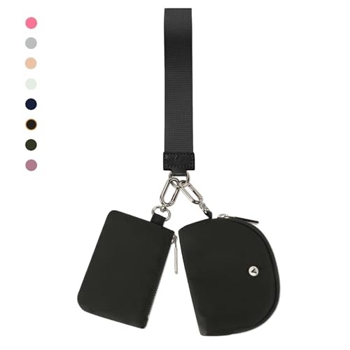 Women's Mini Keychain Wallet Wristlet with Dual Zip Pockets in Black