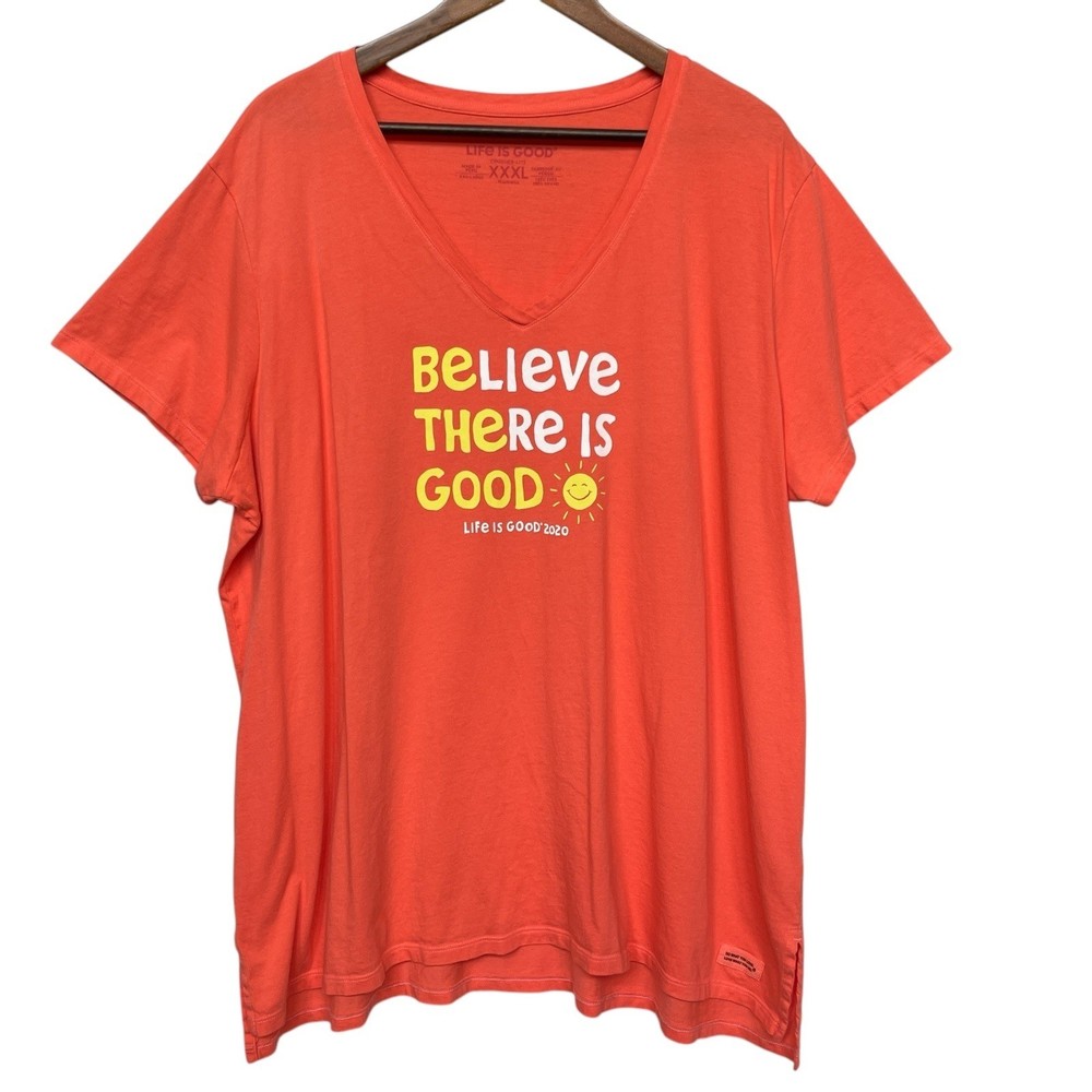 Life is Good Womens XXXL Coral Believe There Is Good Crusher-Lite V-Neck T-Shirt