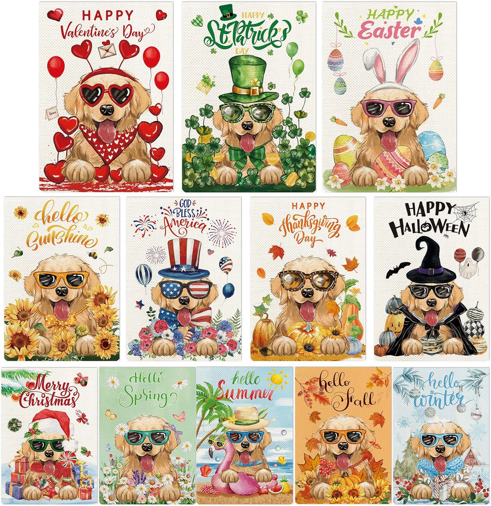Golden Retriever Seasonal Garden Flags Set of 12, Welcome Seasonal Garden Flags