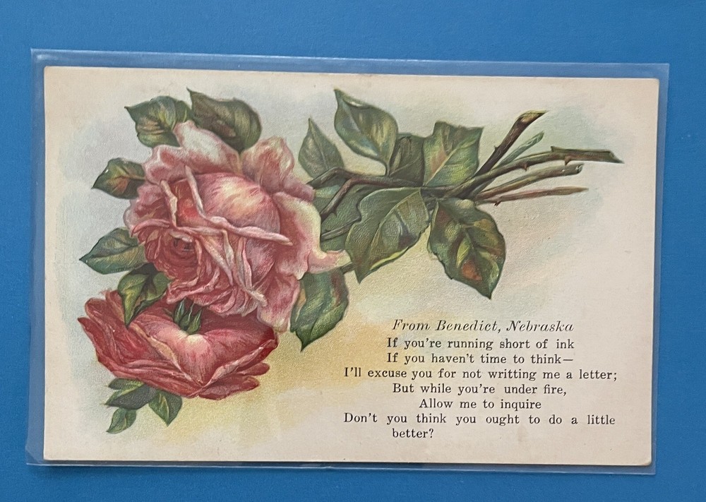 Benedict Nebraska Poem Vintage Embossed Roses Postcard