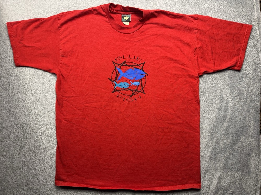 Vintage 90s Graphic Fishing T-Shirt XL “Blue Fish” Surf Beach Coastal Fun Tees