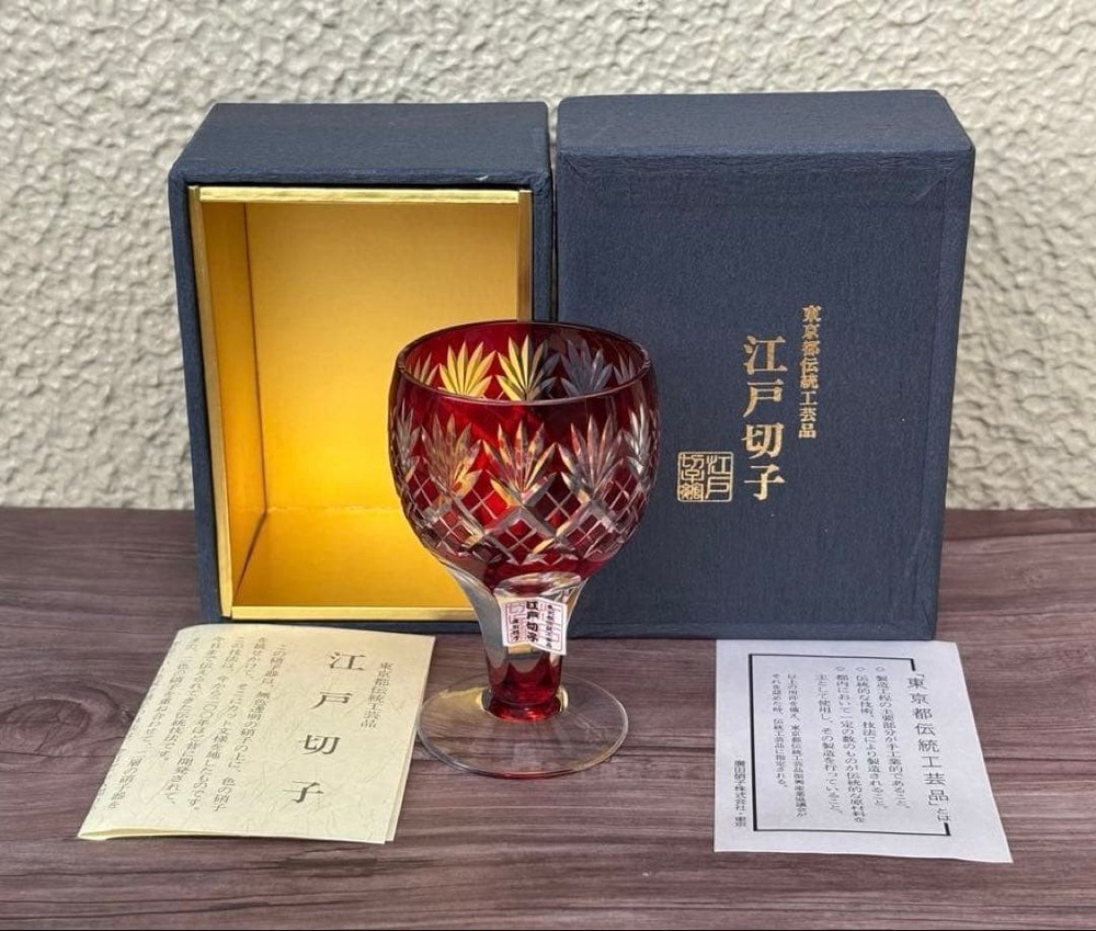 Hirota Glass Edo Kiriko Red Wine Cup Nanako Bamboo Pattern Tokyo Japan Red Clear
