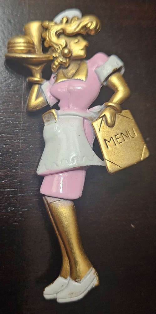 Signed Vintage AJC Enamel Pin Brooch 50s 60s Diner Server Waitress Pink Gold 3