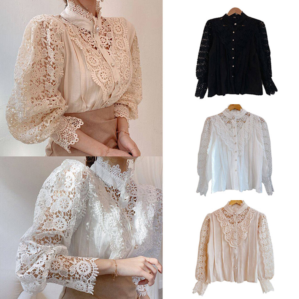 Womens Lace High Neck Long Sleeve Shirt Ladies Work Office Tops Casual Blouse;