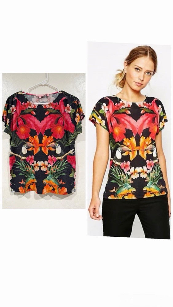 Ted Baker Black Tropical Toucan Boho Floral Print Women Tee Top size 3 US 8 / M