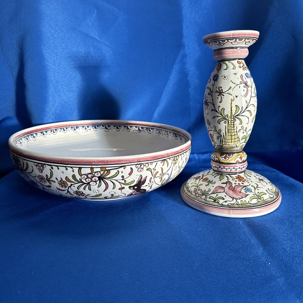VINTAGE PORTUGAL CERAMIC Serving Bowl & Candle Holder HAND PAINTED