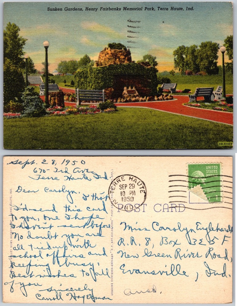 Sunken Gardens Henry Fairbanks Memorial Park Terre Haute IN Postcard