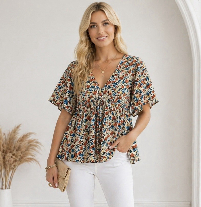 Womens Floral Deep V Neck Peplum Top Size 12 Elastic Waist Feminine Summer Chic