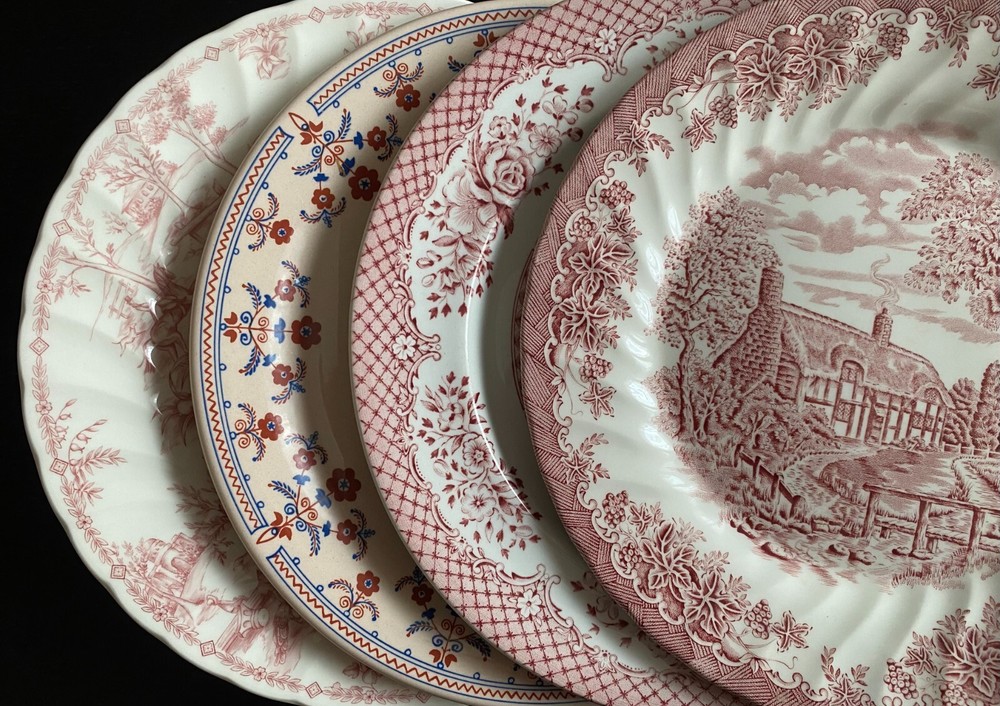 Vintage Mismatched Dinner Plates Pink Transferware Set of 4 English Ironstone