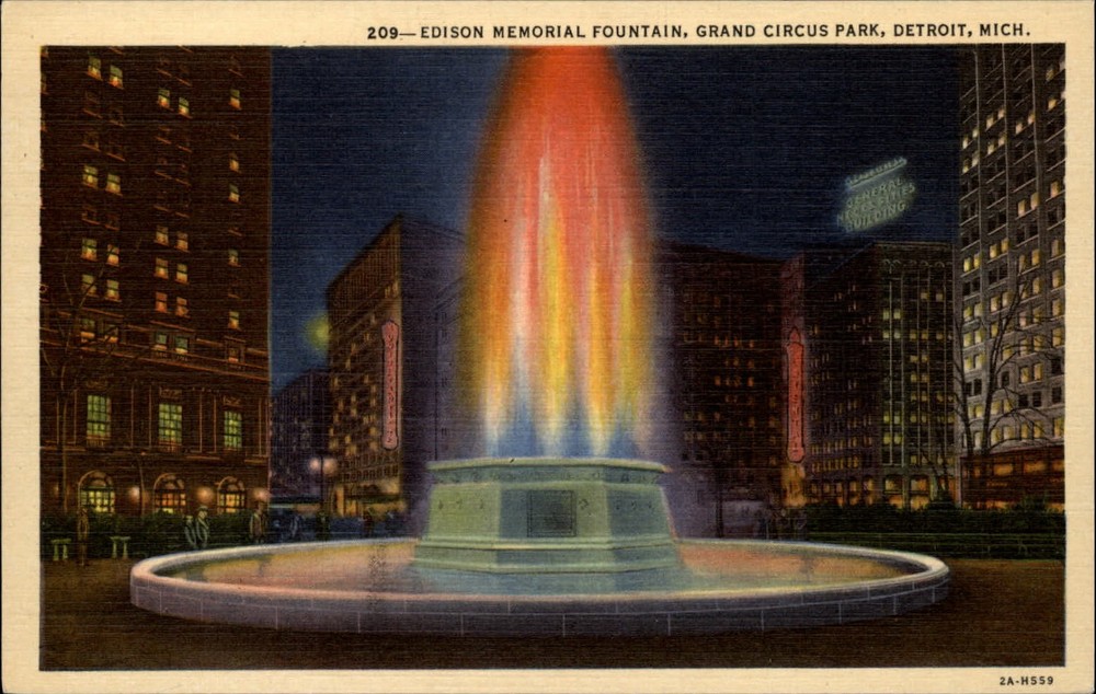 Edison Memorial Fountain Grand Circus Park Detroit MI at night ~ 1940s linen