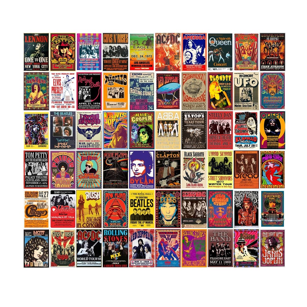 WOONKIT 60 PC Vintage Rock Band Posters, 70s 80s 90s Retro Concert Prints, Bedro