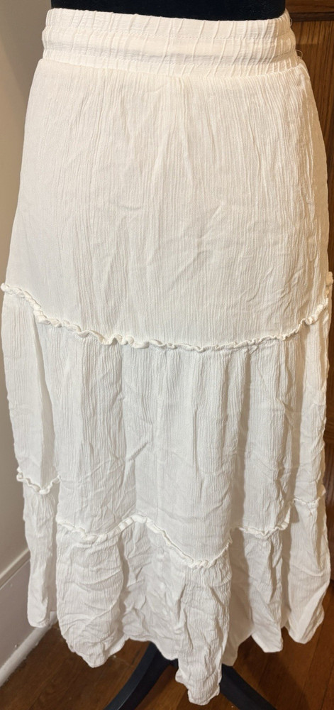 Tiered Crinkle Gauze Skirt White Drawstring Long Rayon Cotton Size S