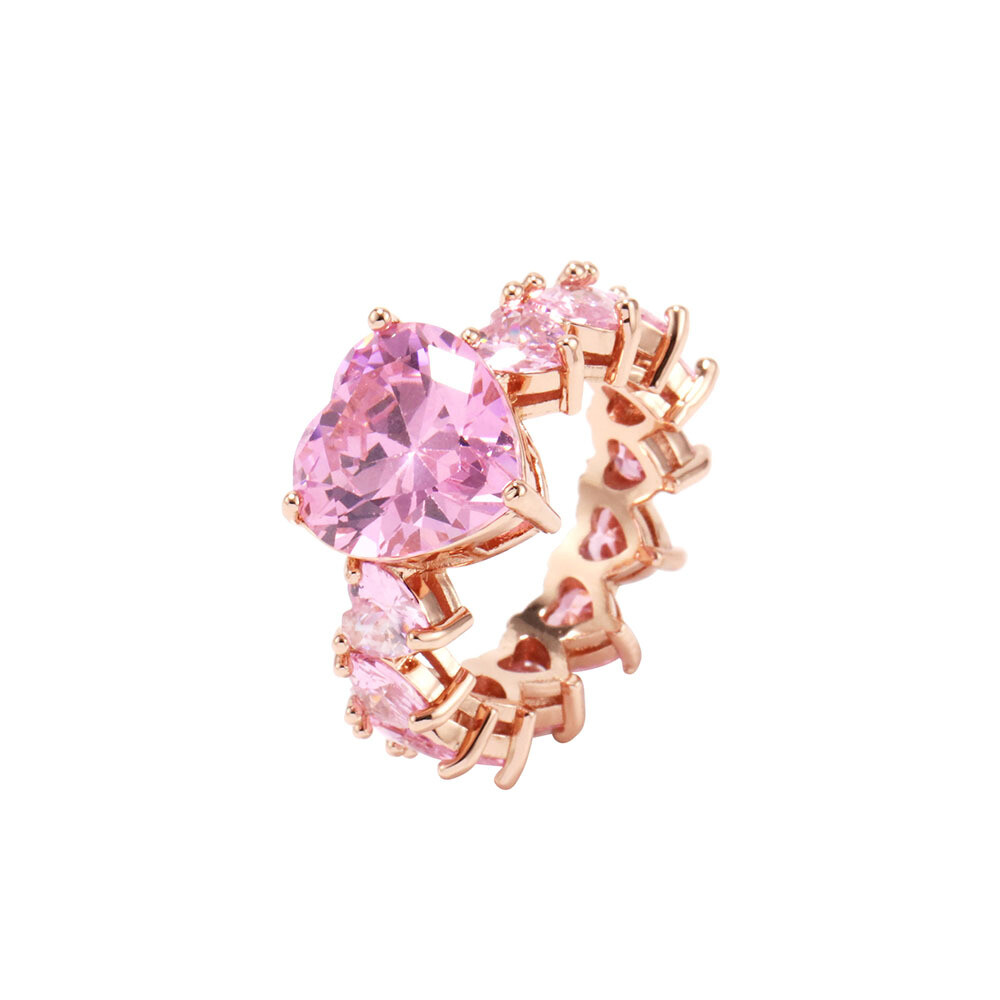 Charming Rose Gold Plated Big Pink Heart Cubic Zirconia Wedding Band Rings Women