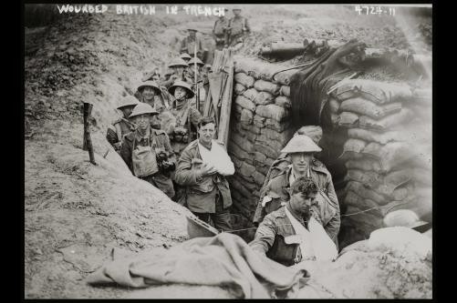 Wounded British,trenches,casualties,soldiers,troops,warfare,Bain News Service