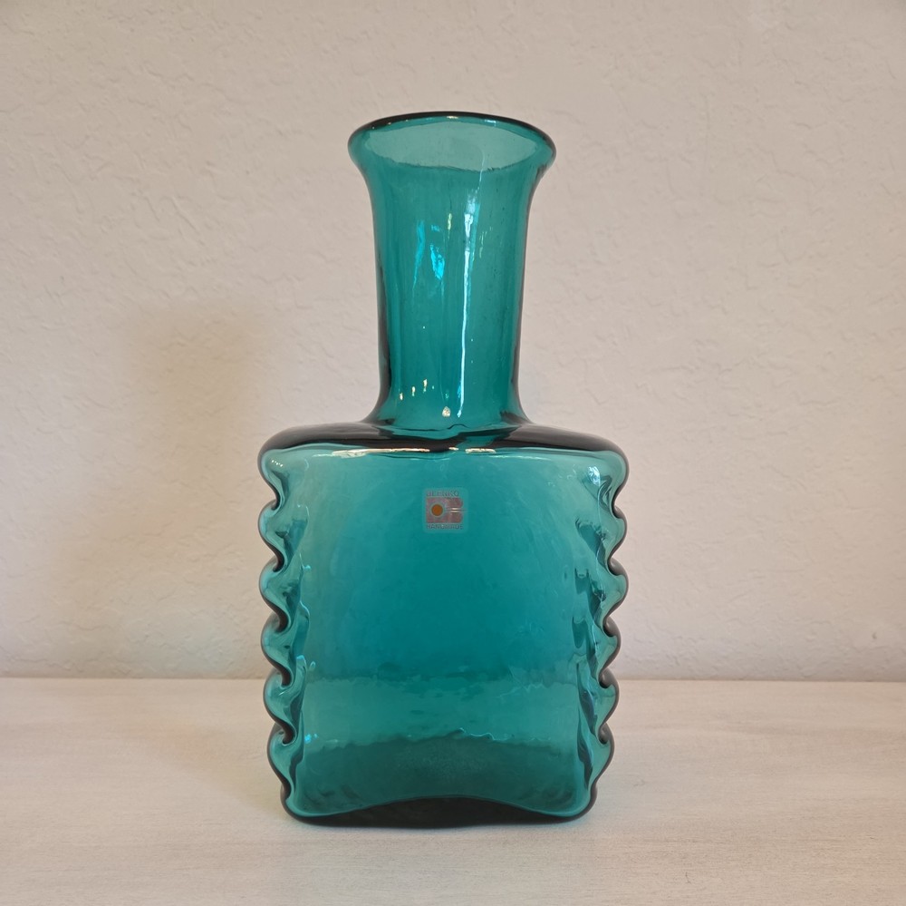 Vintage 1990's Blenko #905 Wavy Glass Vase Turquoise