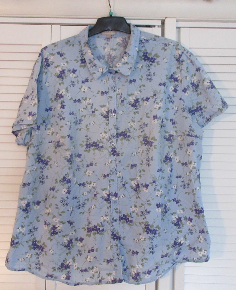 WOMAN WITHIN Size 4X (34/36) Blue Purple & White Flowers Short Sleeve Blouse/Top