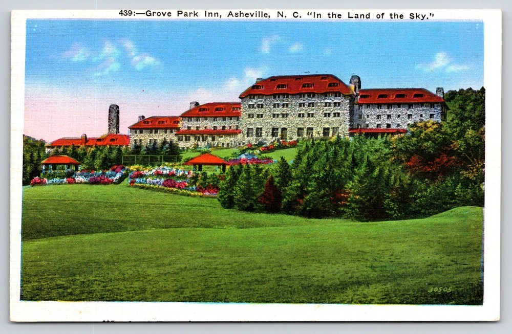 Asheville North Carolina~Grove Park Inn~Stone Bldg~Garden~Flowers~Linen Postcard