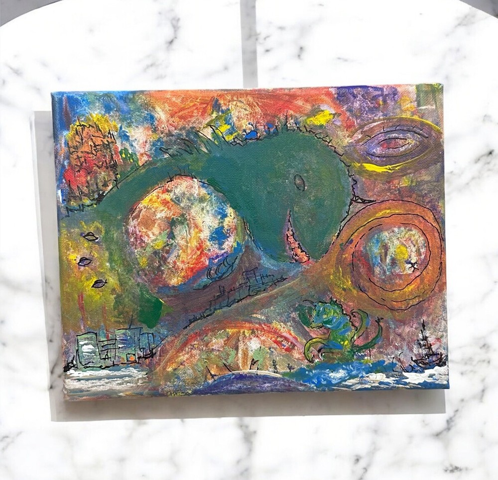 Abstract Godzilla UFO Original Acrylic Painting on Stretched Canvas 8x10-image