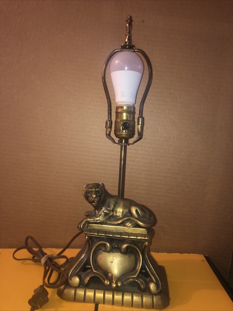 Antique French Louis XVI Brass/Bronze& Lion Chenet Cherub Converted Table Lamp