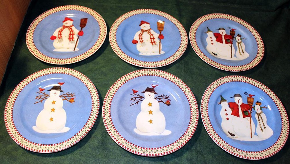 Salad Plates Oneida SNOWMAN Set of 6 Debbie Mumm Sakura Tree Snow