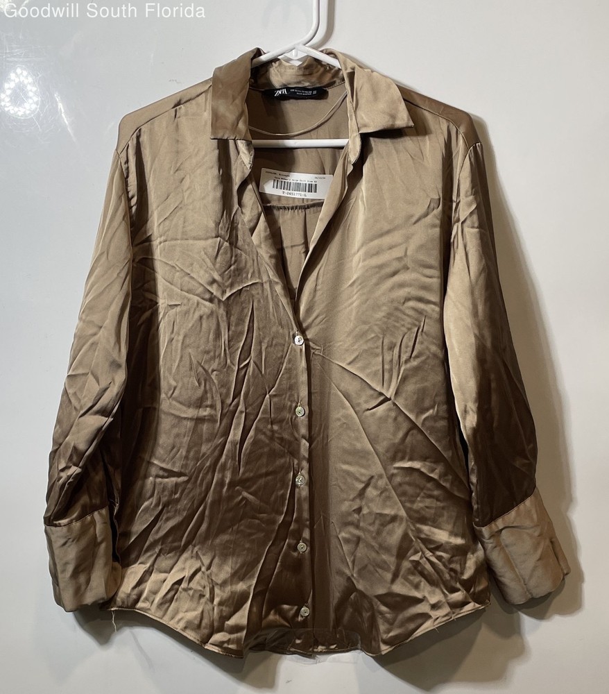 Zara Womens Beige Long Sleeve Spread Collar Button-Up Shirt Size XS