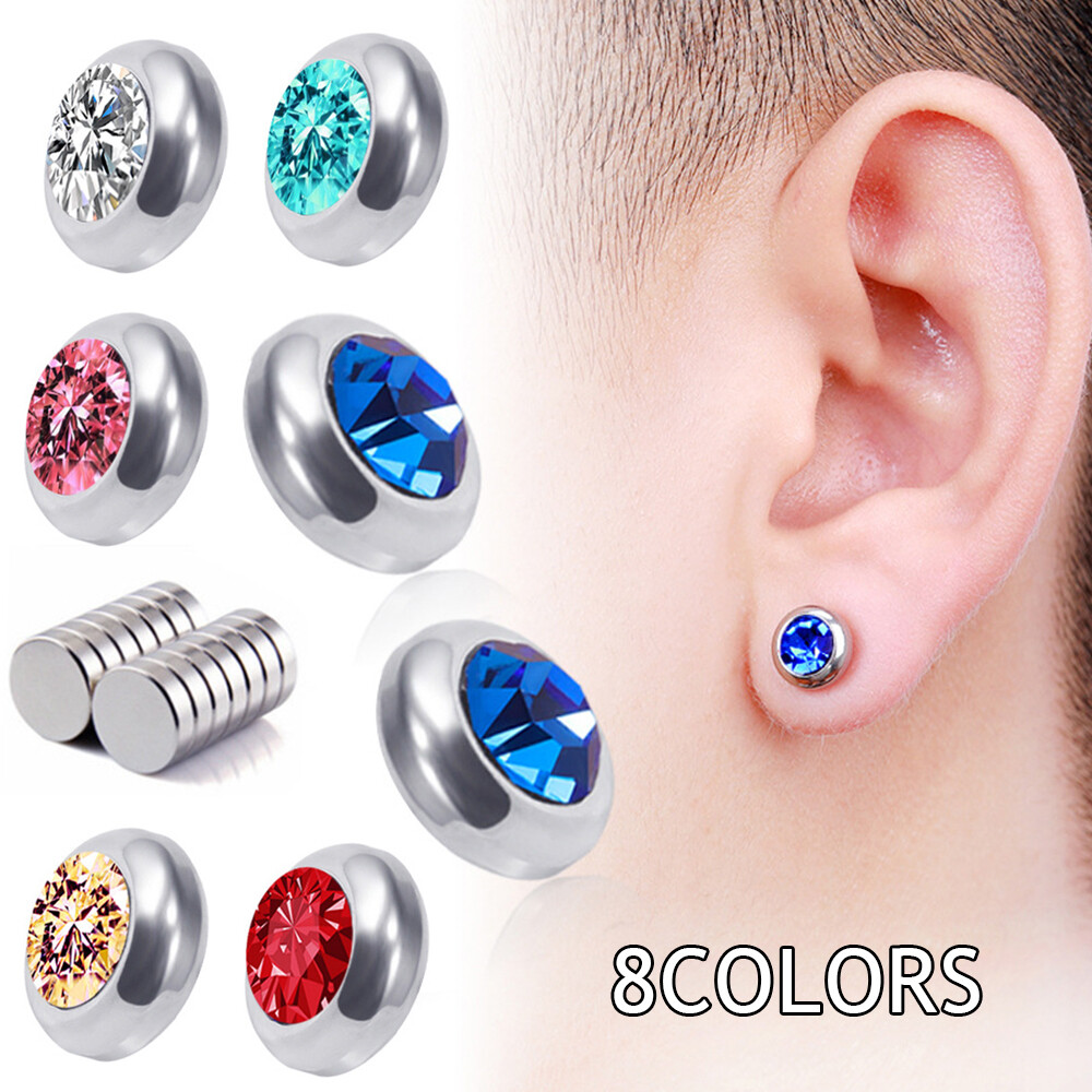 Mens Womens Non Pierced Magnetic Ear Stud Jewellery Fake Round Gem Kids Earrings