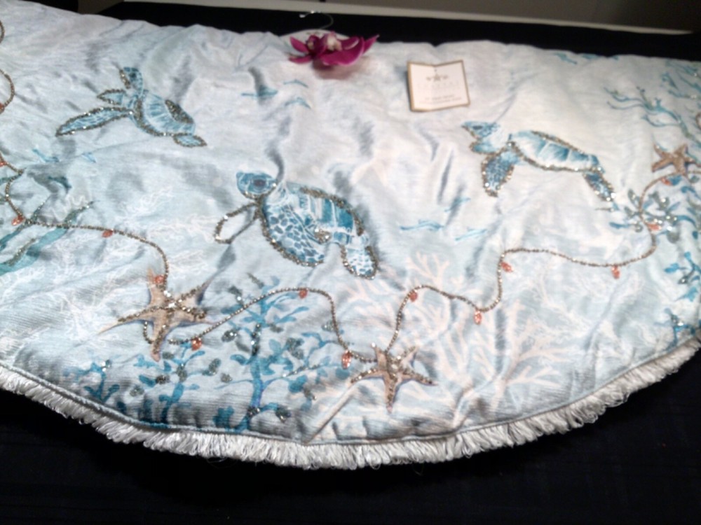 COASTAL beach Accent beaded 50” Christmas Tree Skirt Sea Turtles & Sea Life-image